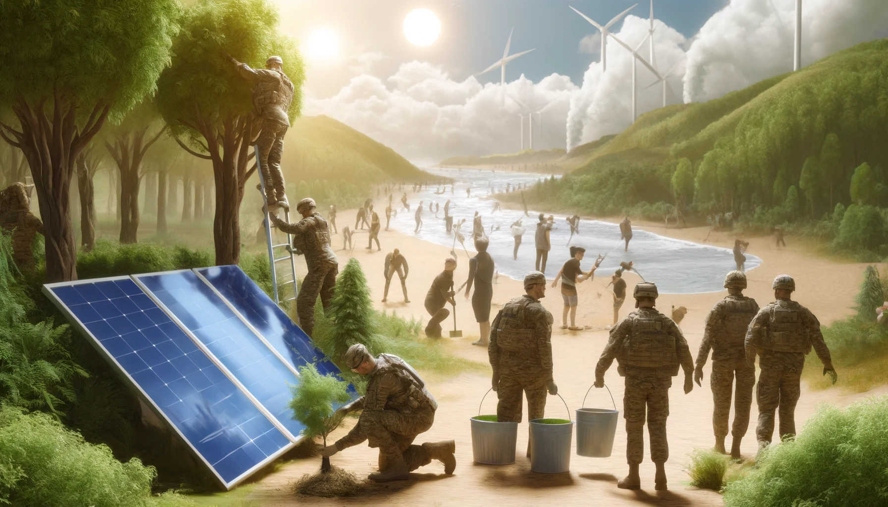 Frank DALL·E 2024-06-06 21.12.09 - A realistic image of modern soldiers and climate activists working together. Soldiers are planting trees, installing solar panels, and cleaning up a b