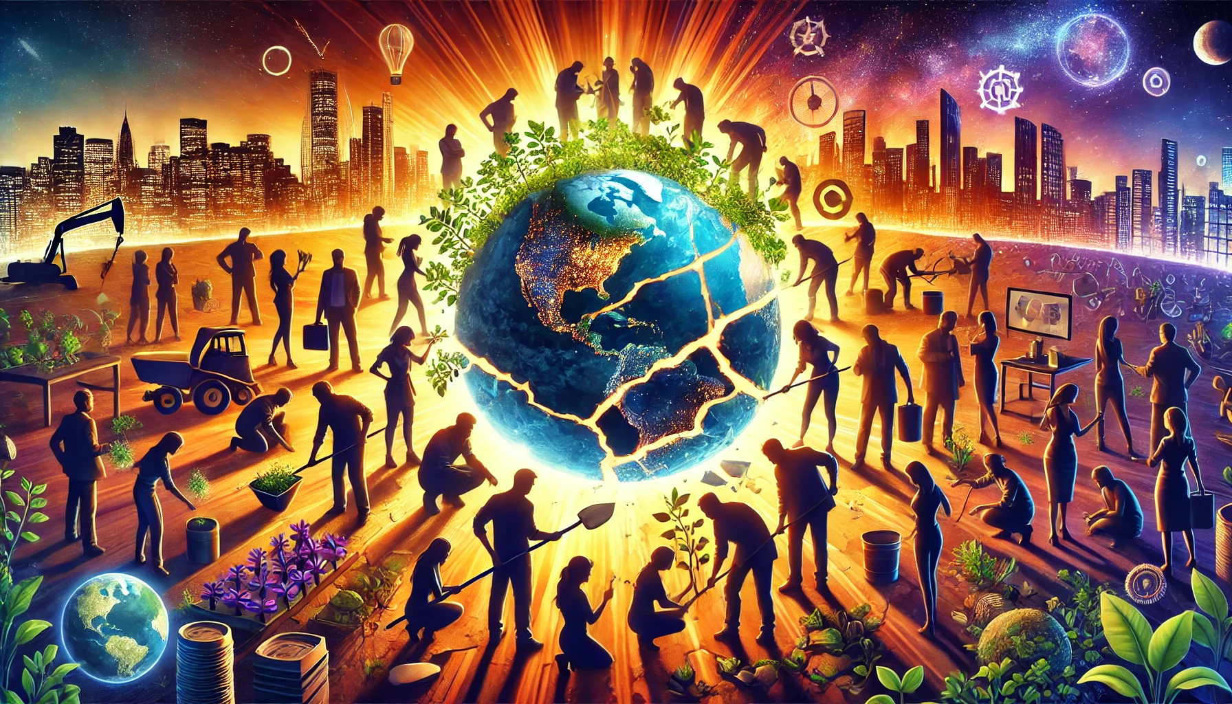 DALL·E 2024-12-01 12.36.16 - A powerful symbolic image showing individuals and a group working together to repair a fractured, glowing Earth. The individuals represent diversity i